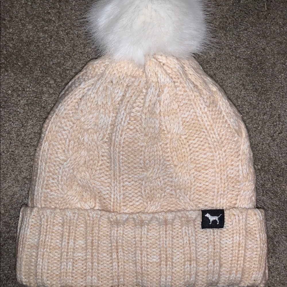VS PINK Cream Sherpa Beanie/Hat